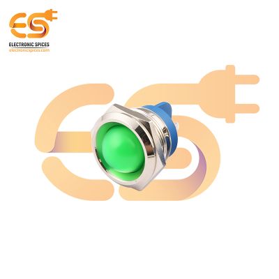 220V 22mm Green LED Light | Domed Head | Nickel-Plated Brass | Pin Terminal | IP67